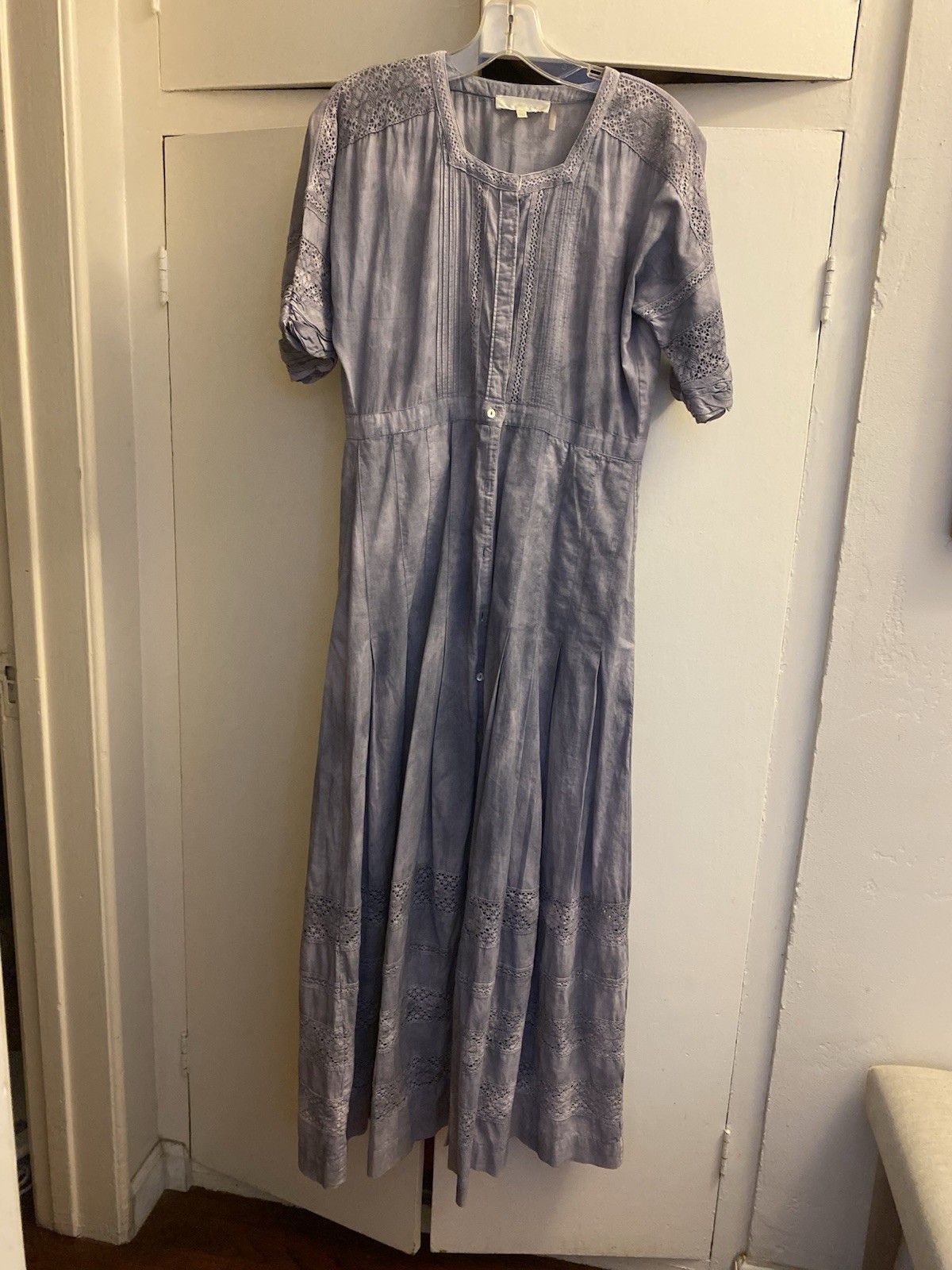 LoveShackFancy Blue Solid Cotton Maxi Dress S V-Neck Short Sleeve Lace Button