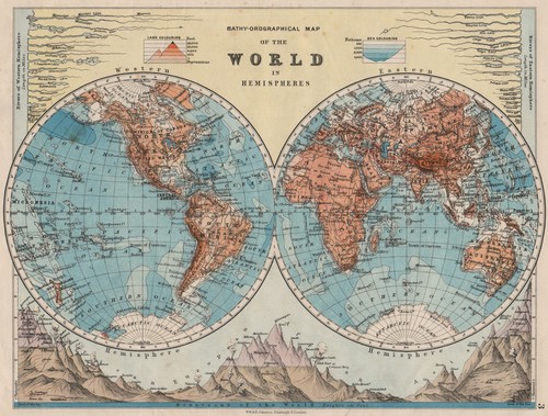 WORLD TWIN HEMISPHERES. Relief. Mountains. Rivers. JOHNSTON 1900 old map
