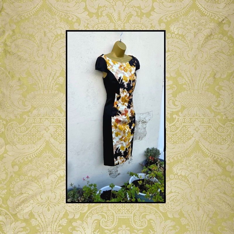 Stunning Marks & Spencer Woman Size 10 Black Orange Panel Sheath Lined Dress