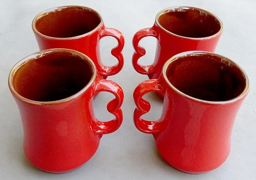 Frankoma Trigger Handle Mugs Set Lot of 4 Orange Vintage Arts & Crafts / Mission