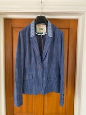 Anthropologie Cartonnier Blue Striped Cotton Linen Summer Blazer Jacket Uk 8