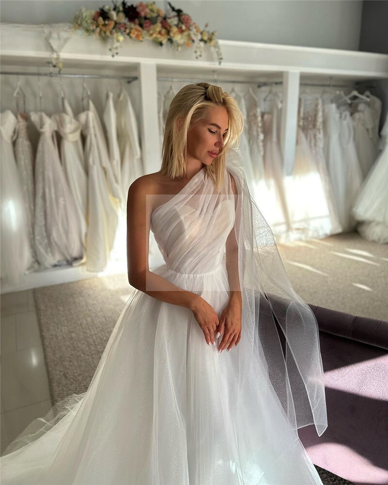 open lace back dress Real A Line Tulle Lace Wedding Dresses One Shoulder with Shawl US16 / Ivory main image 0