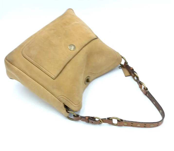 Coach Vintage Turn Lock Beige Suede Shoulder Bag w/Leather Trim