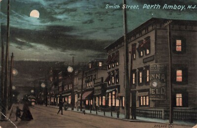 Night View Full Moon Smith Street Perth Amboy N.J. Postcard N554