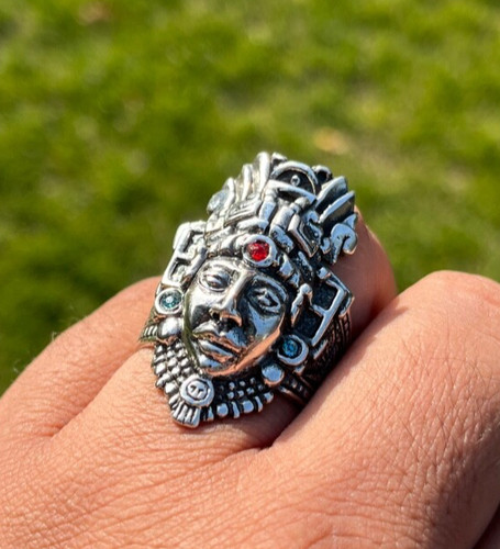 Mayan KING PAKAL Ruler 925 Silver Ring Rey Maya Plata Mexicana Anillo