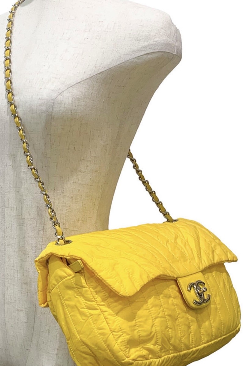 RARE Chanel 2012 Yellow Nylon Vintage Logo CC Leather Chain RARE Chanel 2012 Yellow Nylon Vintage Logo CC Leather Chain