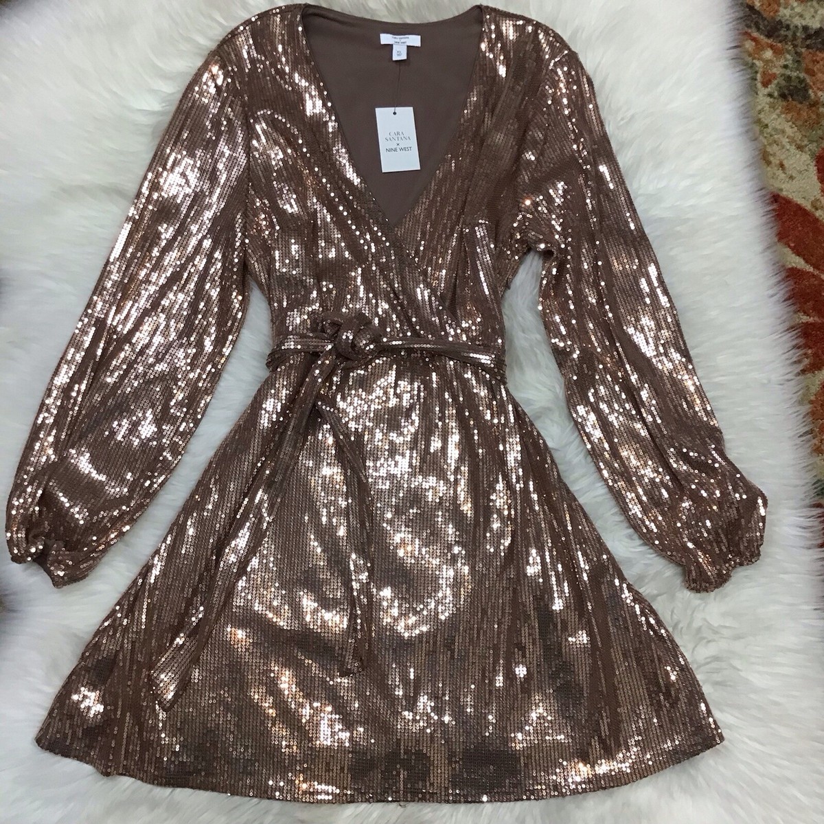 NWT Nine West x Cara Santana Sequin Faux Wrap Bronze Sparkle Mini Dress  Size XL | eBay