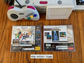Sega Saturn white Japanese console system in box + 2 games + Pseudo memory cards