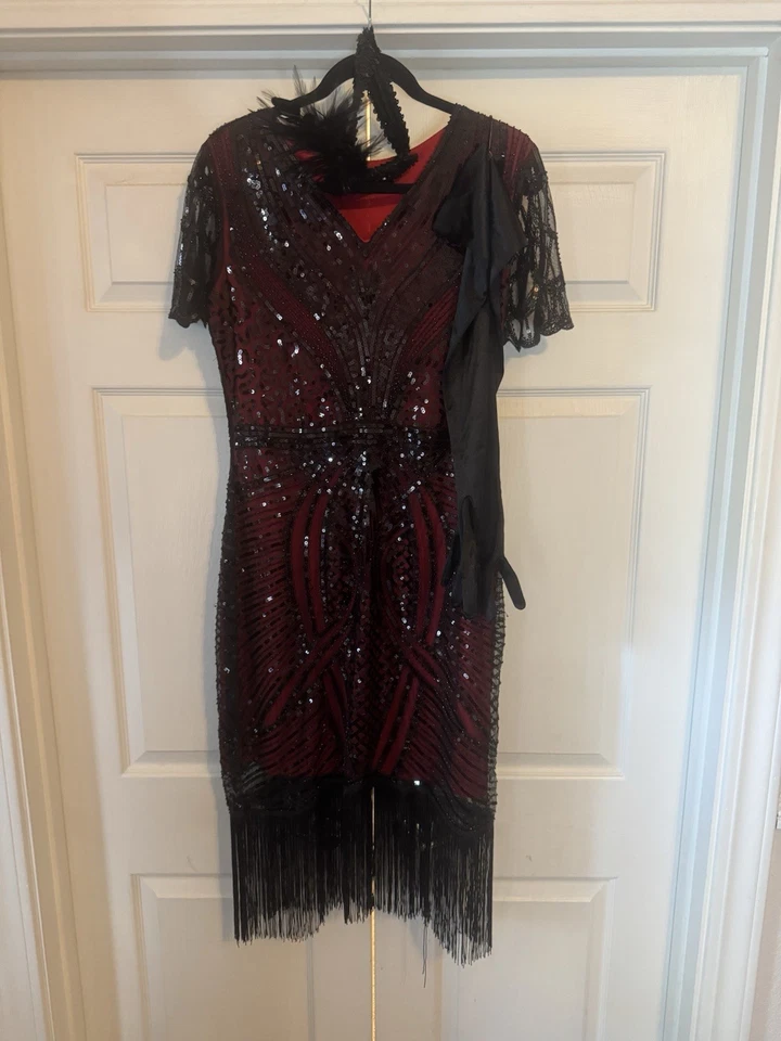 Vestido Roaring años 20 con cuentas aleta Gatsby rojo y negro Halloween con accesorios L Foto 4 de 4