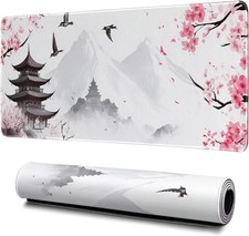 Retro Pagoda Cherry Blossom Watercolor Mouse Pad Abstract Big Mouse Pad 31.5x11.
