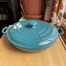 Technique Colorcast Teal Blue Enameled Cast Iron Pan Lid Casserole 12.25”