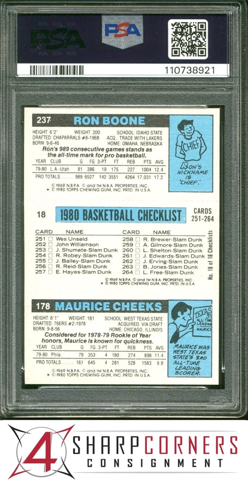1980 TOPPS MAURICE CHEEKS RC-MAGIC JOHNSON RC-BOONE PSA 9 DNA AUTO 10 - Image 2 of 4