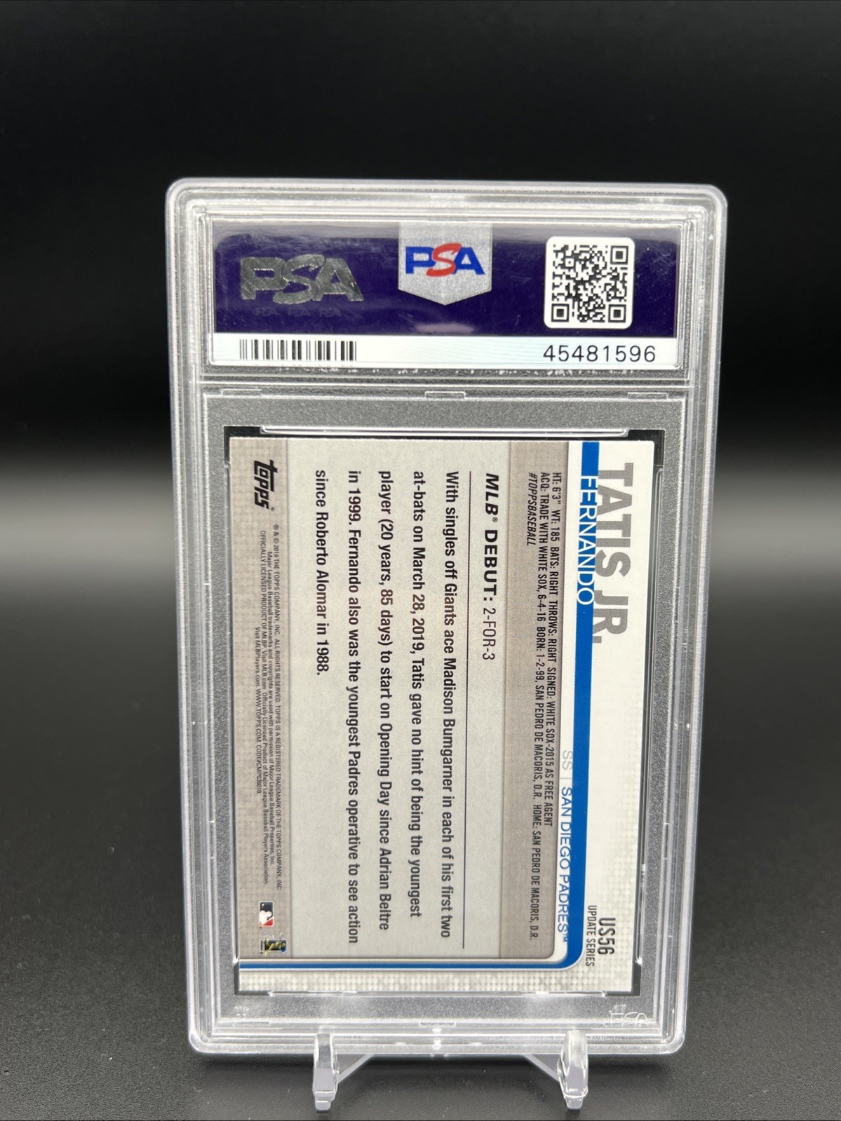 2019 Topps Update Fernando Tatis Jr Rookie Debut RC #US56 PSA 10 Padres view 2