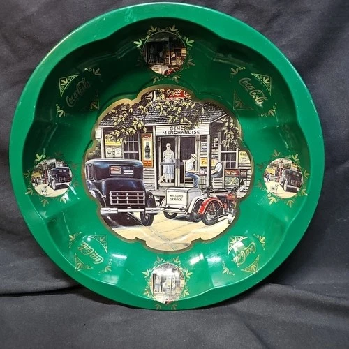 1997 Vintage Coca Cola Green Metal Serving Tray  Mint  Wilson’s Service 10” Tin