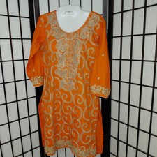 Indian Women Orange Silver Cotton Kurta Kurti Top Tunic Size X Small