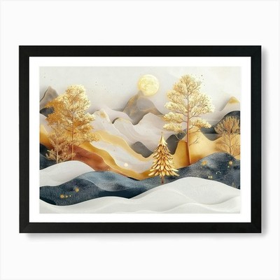 3d Snowy Mural Mountains Landscape  Framed Wall Art Poster Canvas Print Picture
