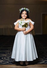 JJs House Ivory A-line Off-Shoulder Tea Length Satin Flower Girl Dress, Size 12