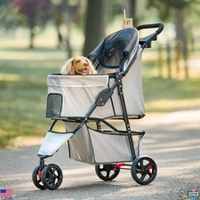 Pet Stroller with 360 Swivel Wheels, Rear Brakes, Canopy Mesh Panels, Khaki