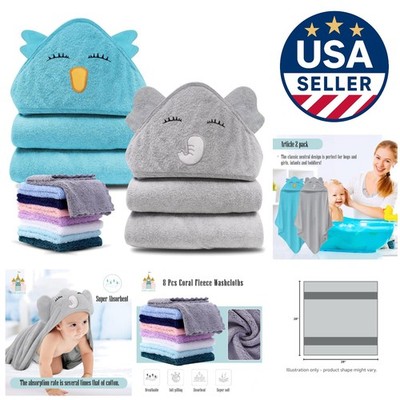 Charming Elephant & Bird Hooded Baby Towel Set - 2 Towels + 8 Washcloths