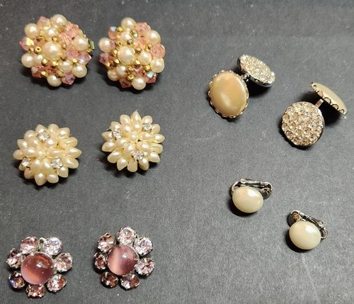 Vintage Costume Jewelry PEARL & RHINESTONE CLIP-ON EARRINGS 5 Sets LOT
