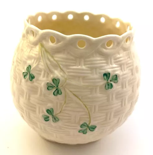 Vintage Belleek Ireland "Shamrock" Pattern Rose Bowl Vase 4.5" Pierced Rim