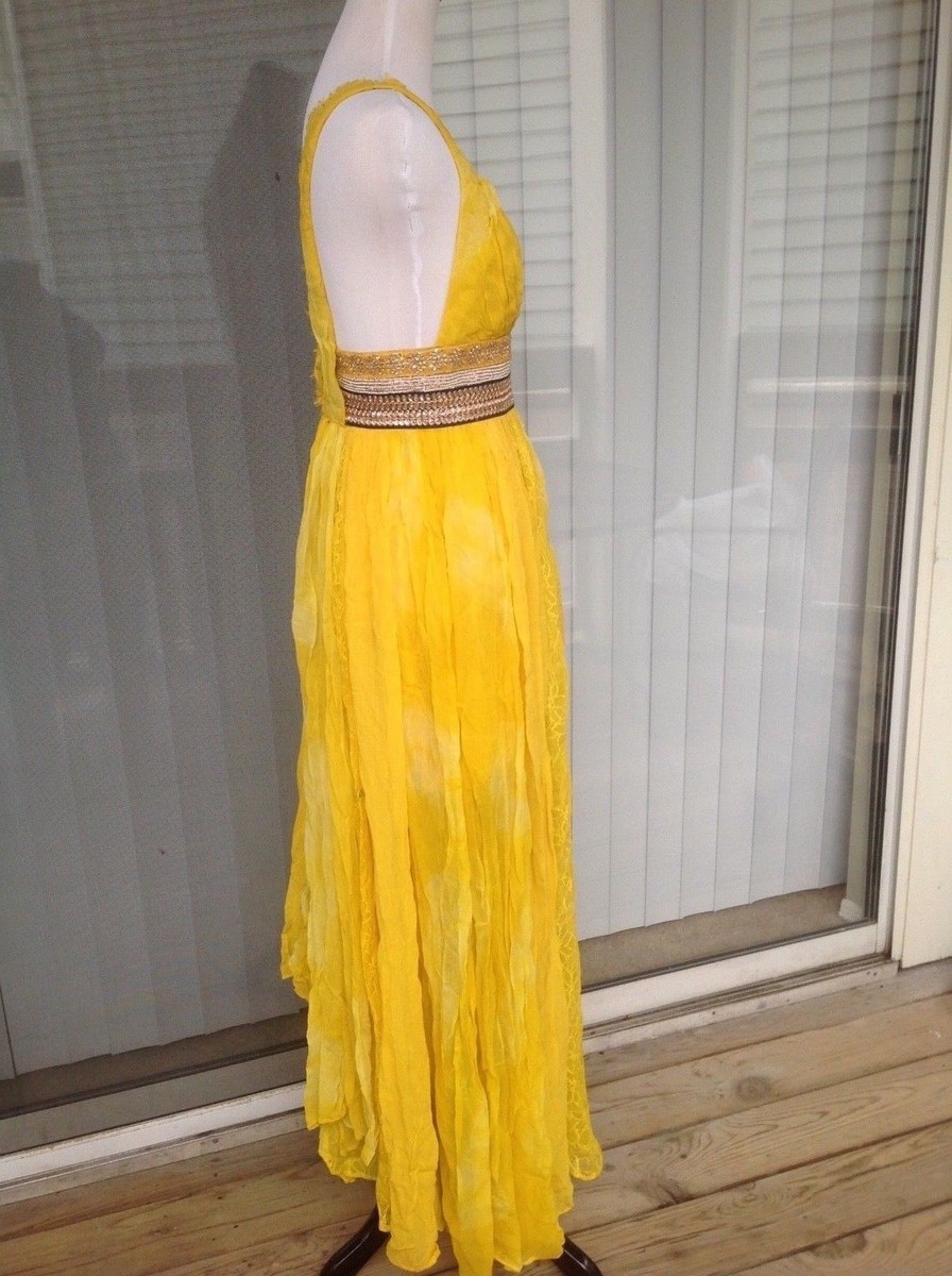 New Free People $460 Size 0 Long Yellow Lace Open Back Summer Viscose Dress  | eBay