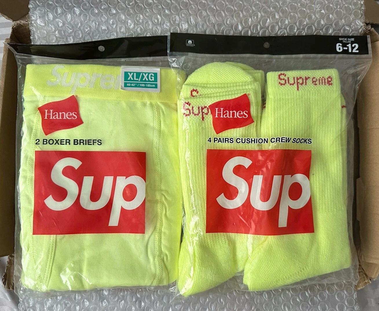Chaussettes Supreme Hanes (4pk) & boxers (2pk) jaune fluorescent neuves taille 6 12/XL NEUF