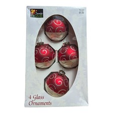 Christmas Tree Ornaments Red White Silver Glitter Glass Balls Box of 4 USA Made