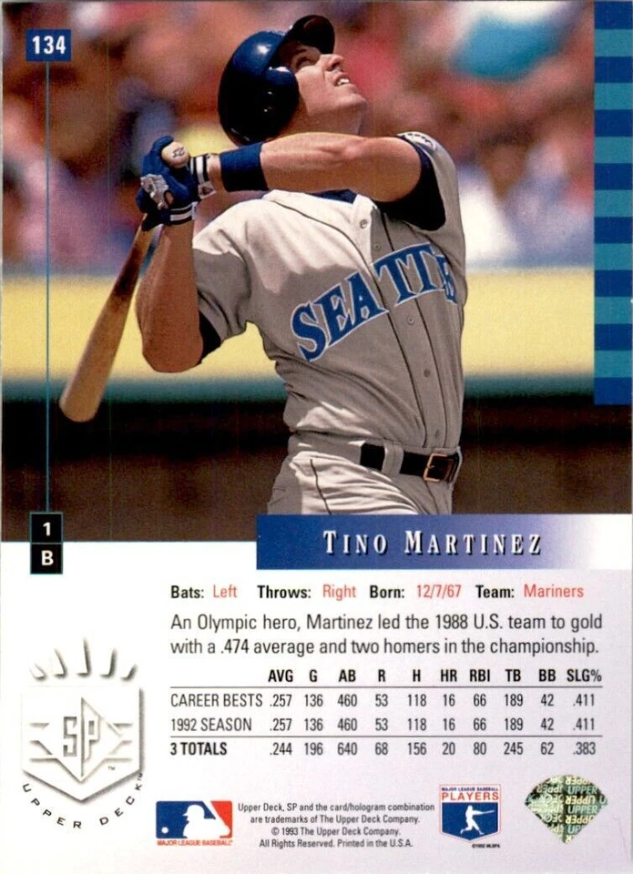 1993 Upper Deck SP Baseball Tino Martinez . Seattle Mariners #134 - Image 2 of 2