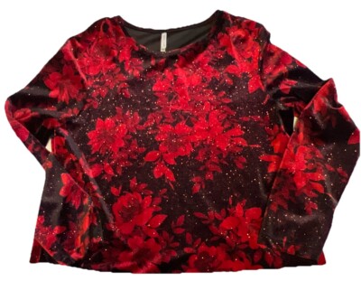 Women's White Stag Black Velveteen with Red Floral Print Blouse Size XL Xmas