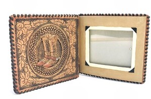 Western Boots 3-D Horse Head Equine Folding Book Picture Frame 6" Bronze Leaves 