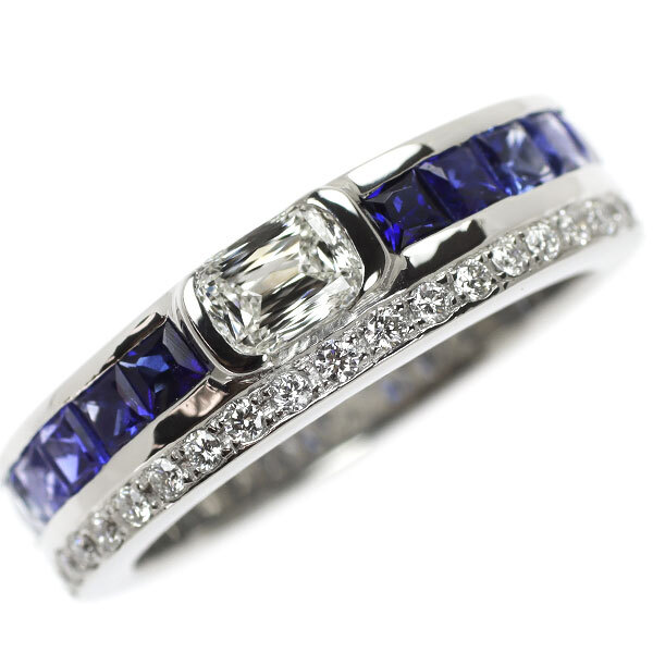 Pt900 crisscut diamond sapphire ring 0.509ct G VS1 S1.70ct D0.23ct  