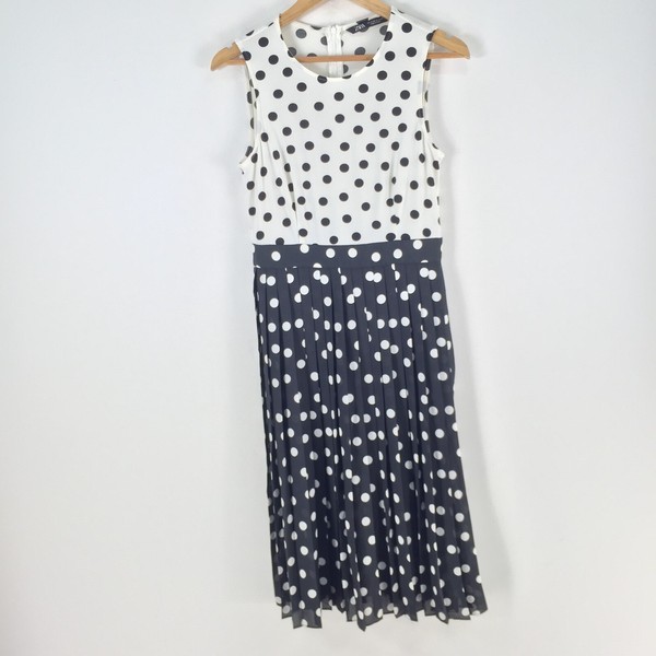 Zara womens dress size S fit flare black white polka dot sleeveless 100878