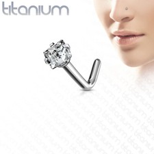 Implant Grade Solid Titanium Prong Square CZ L Bend Nose Stud Rings