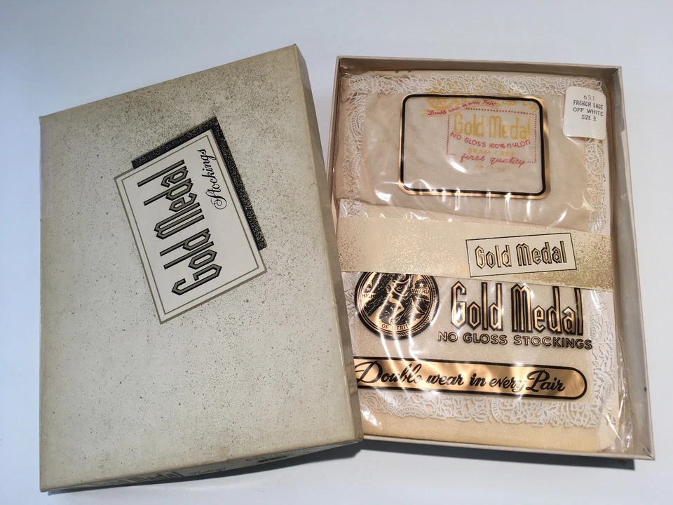 6 Prs Medias Sexy Medalla Dorada Vintage Encaje Nylon 9" x 32" DERECHA BLANCA FRANCESA Foto 4 de 4