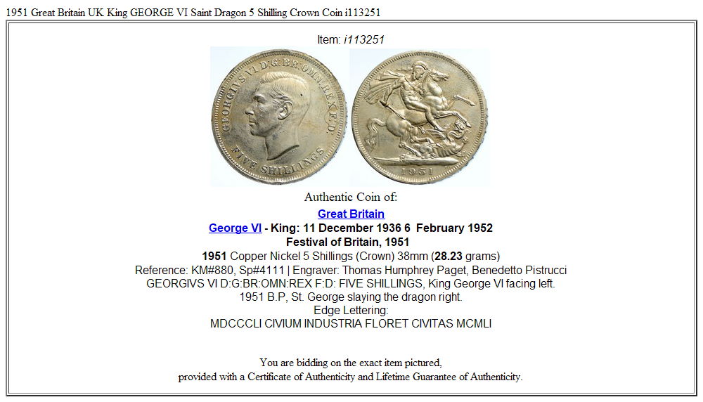 1951 Great Britain UK King GEORGE VI Saint Dragon 5 Shilling Crown