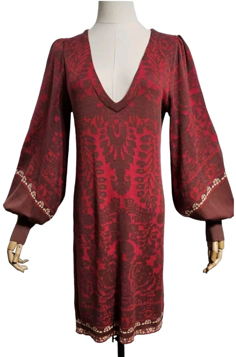 free people knit mini dress Stretch Knitted with Puff Sleeves Dark Red with Print S prom dresses slit