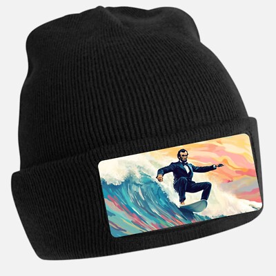 Abraham Lincoln Surfing Black Beanie Hat Unisex Cotton