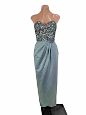 Vintage 80s Victor Costa Gray Satin Lace Embellished Strapless Evening Gown 2