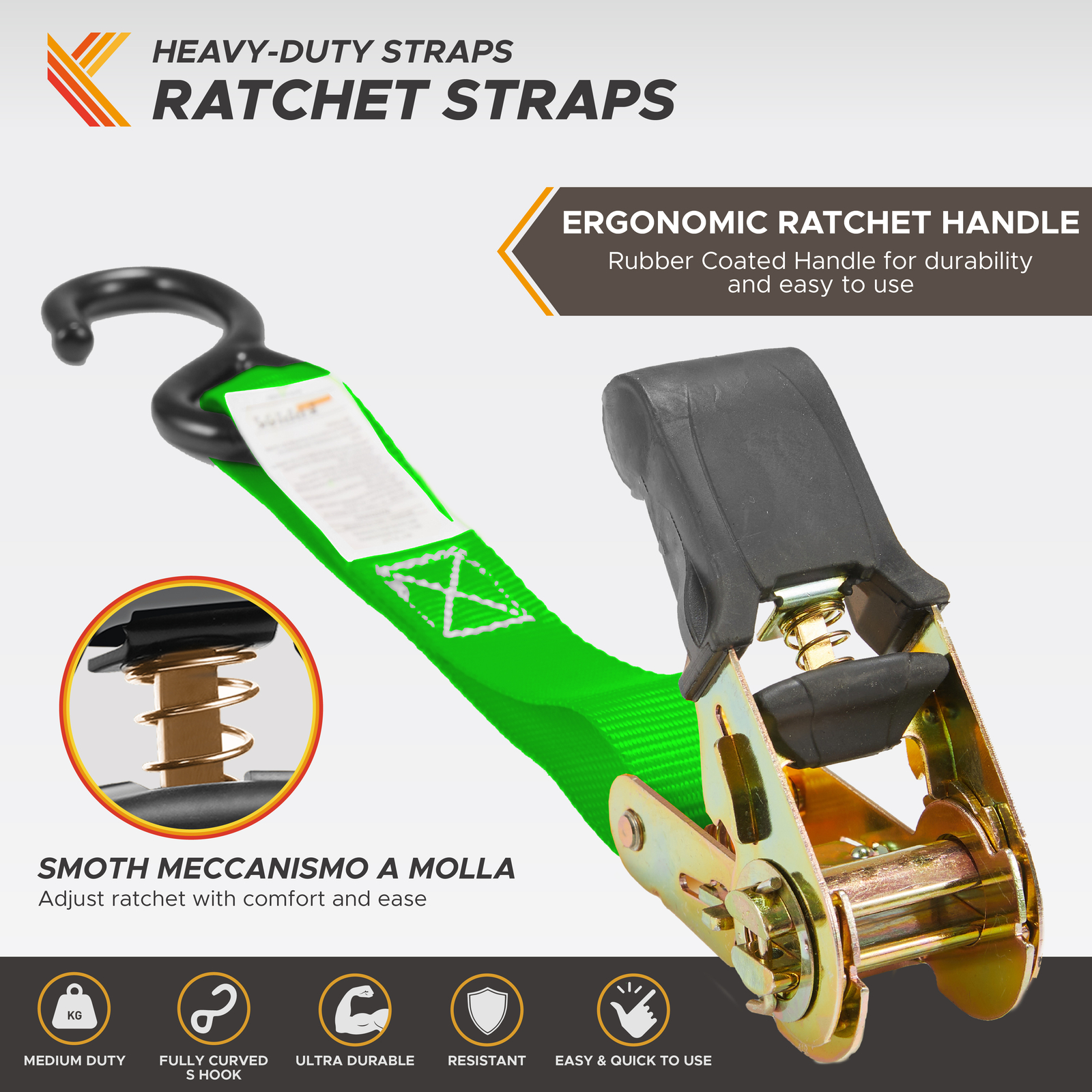 4-Pack Ratchet Tie Down Straps 1in x 17ft Green- 2200lbs MBS - KODIAK STRAPS