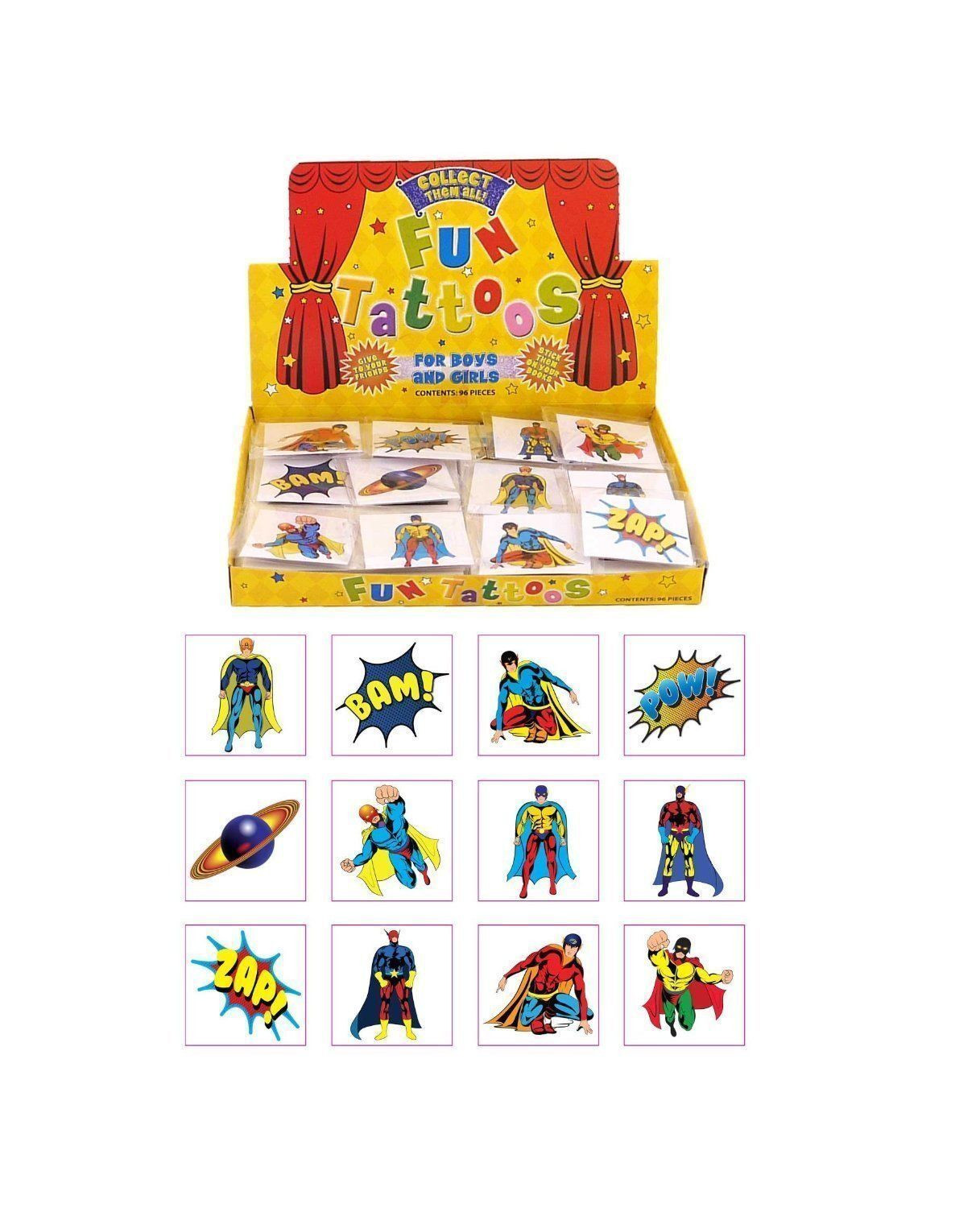 SUPER HERO single Tattoos 72 Party fun Boys Birthday Loot temporary kids