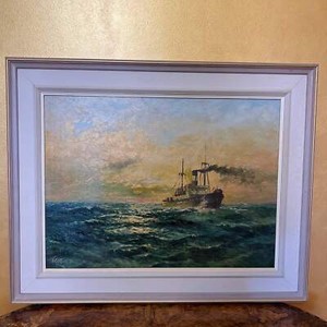 Oil Painting Boat Sea Landscape By W Croft