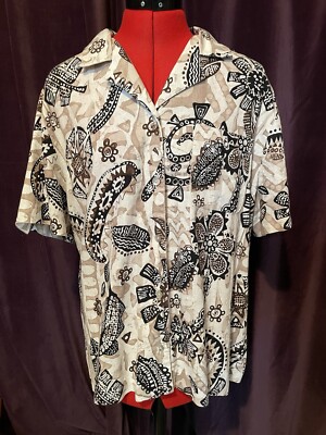 Women s Linen Blend Tribal Short Sleeve Button Down - 18W