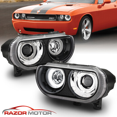 2008-2014 Black [Dual LED Halo] Projector Headlights Pair For Dodge Challenger