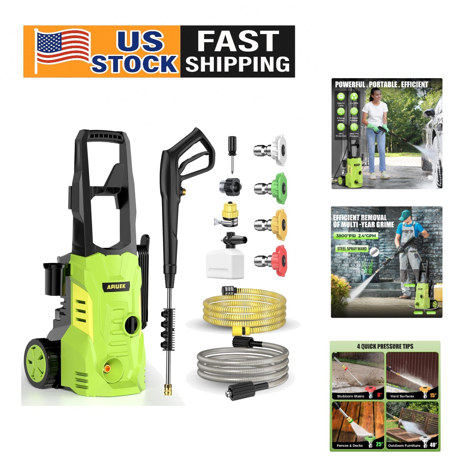 Efficient 3800 PSI Electric Power Washer with Adjustable Soap Tank & Long Hoses