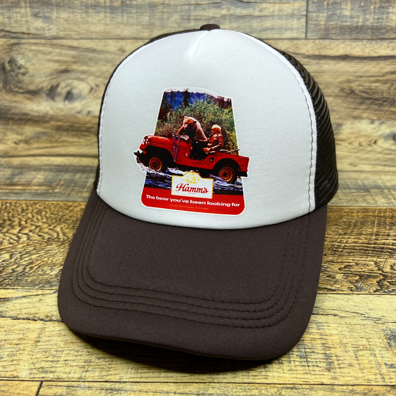 Hamms Mens Trucker Hat Brown Snapback Retro Bear 70s Automobile Beer