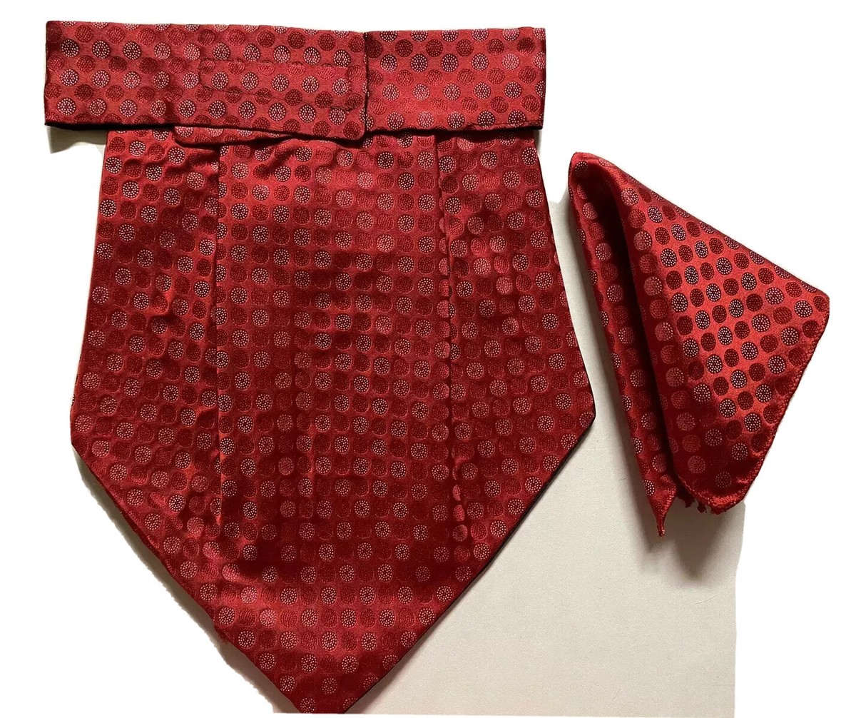 NEW RED white Men Silk Cravat+POCKET SQUARE Scarves Ascot Tie PARTY-PRE  STITCHED