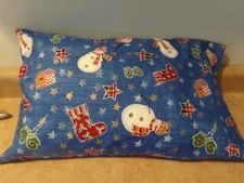 TRAVEL-TODDLER SIZE PILLOWCASE BLUE SNOWMEN PLUS/CUFF  12" X 18" #5026