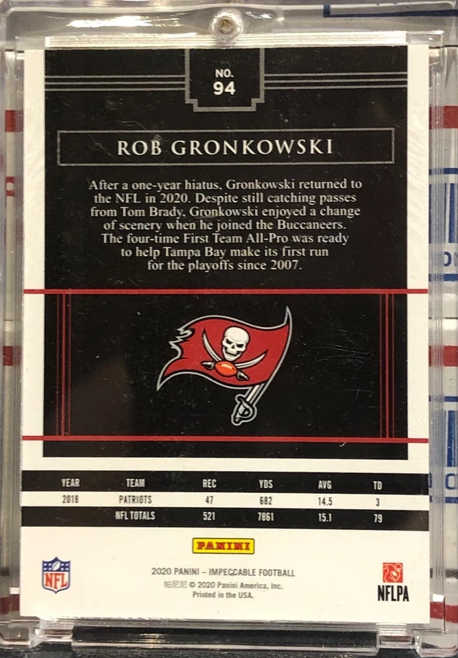 2020 PANINI IMPECCABLE ROB GRONKOWSKI, #94, SILVER PARALLEL, SERIAL #06/50, HOF - Image 2 of 3