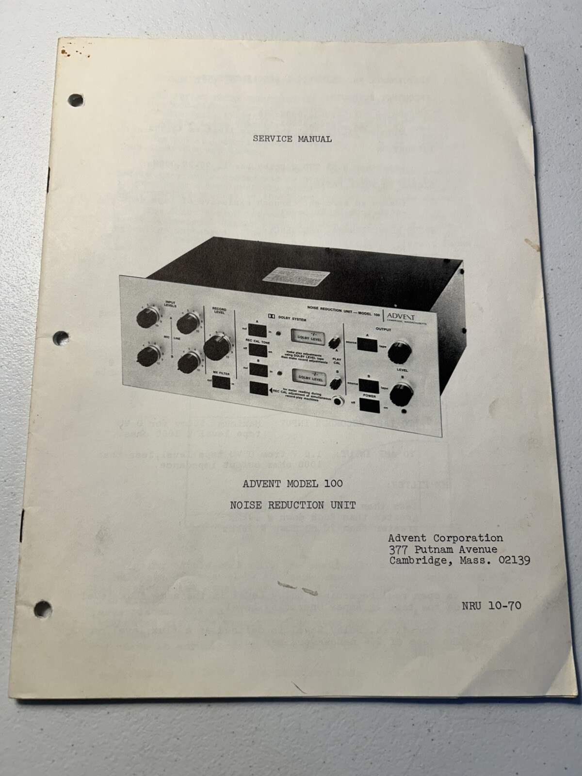 Advent Model 100 Noise Reduction Unit Service Manual Original OEM Vintage